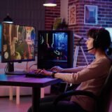 Woman playing online action game