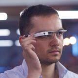 man using virtual reality gadget computer glasses