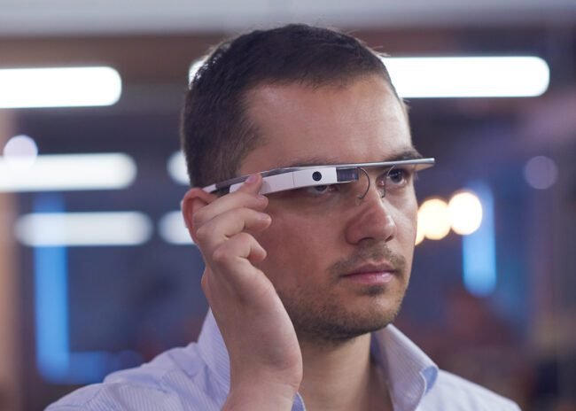 man using virtual reality gadget computer glasses